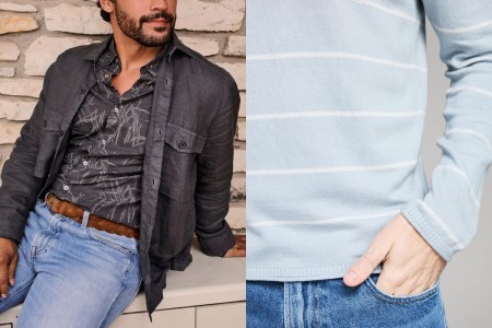 Two photos of models in Billy Reid clothing