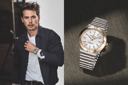 Left: The actor Austin Butler holding up his wrist with a watch. Right: A watch with a white dial and a gold bezel