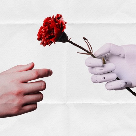 A human hand extending to reach for a rose being given by a robot hand