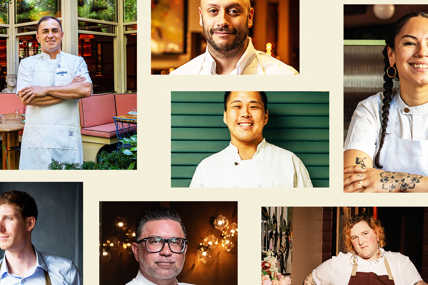 A collage of seven headshots of chefs on a beige background