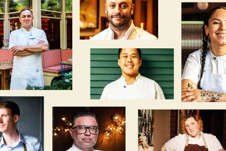 A collage of seven headshots of chefs on a beige background