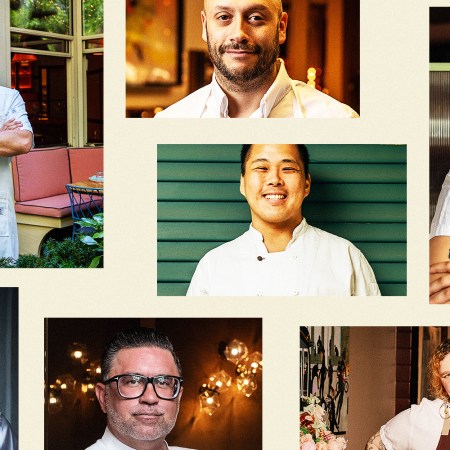 A collage of seven headshots of chefs on a beige background