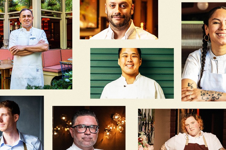 A collage of seven headshots of chefs on a beige background