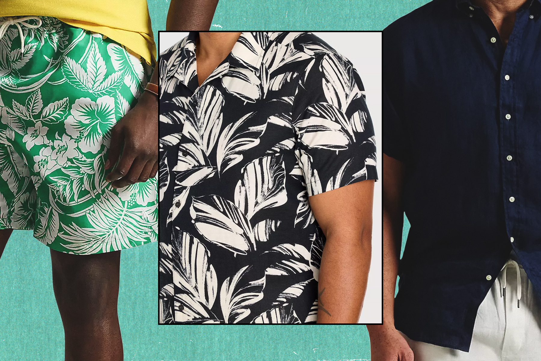 A man wearing green swim trunks, another in a black and white print shirt, and one in a blue linen shirt