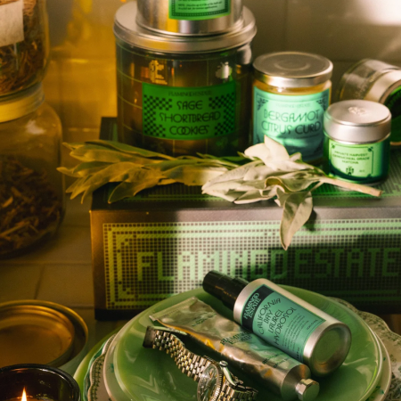 lifestyle image of Flamingo Estate items on a counter in sunlight