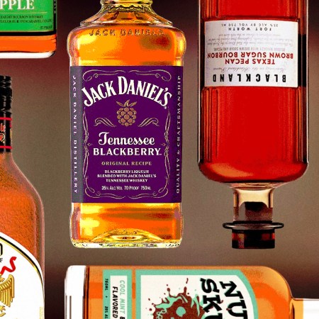 a collage of flavored whiskey bottles