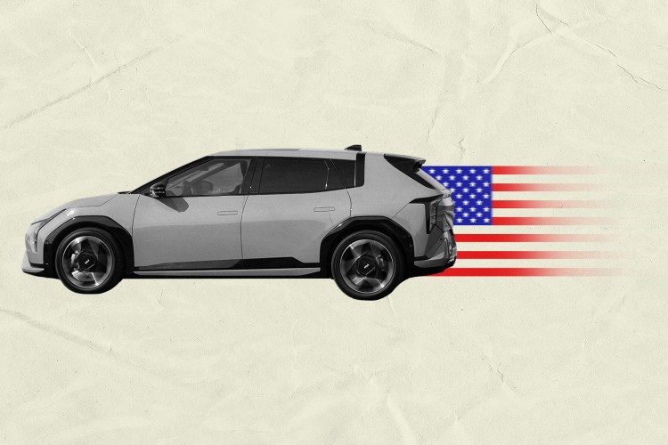 A gray and black car driving to the left with an American flag trailing behind it fading into a beige background