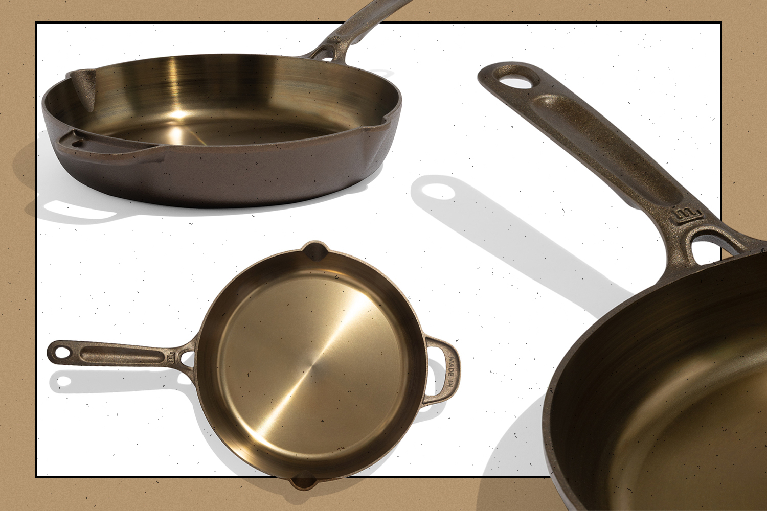 A cast iron skillet shown from three different sides on a white background with a gold border
