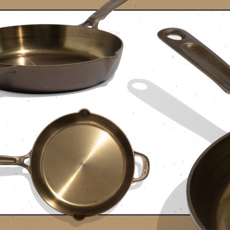 A cast iron skillet shown from three different sides on a white background with a gold border