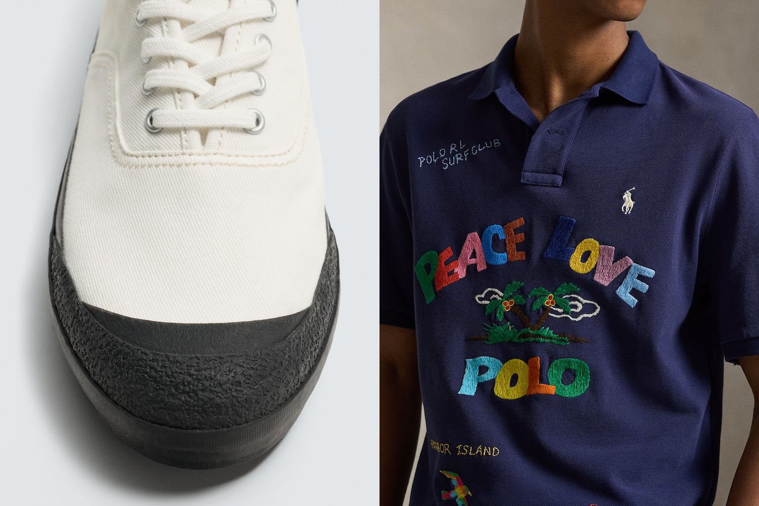 a pair of white sneakers and a model in a blue polo