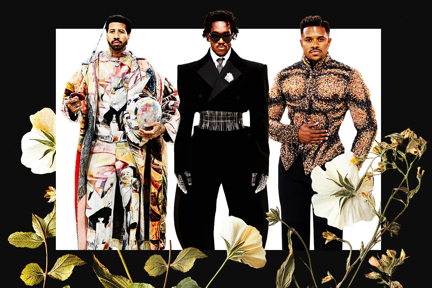 Three men in elaborate designer clothes standing in front of a white background surrounded by a black border with flowers growing up from the bottom