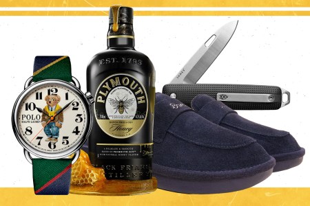 products cutouts of a watch, bottle of gin, slippers and a switch blade side by side