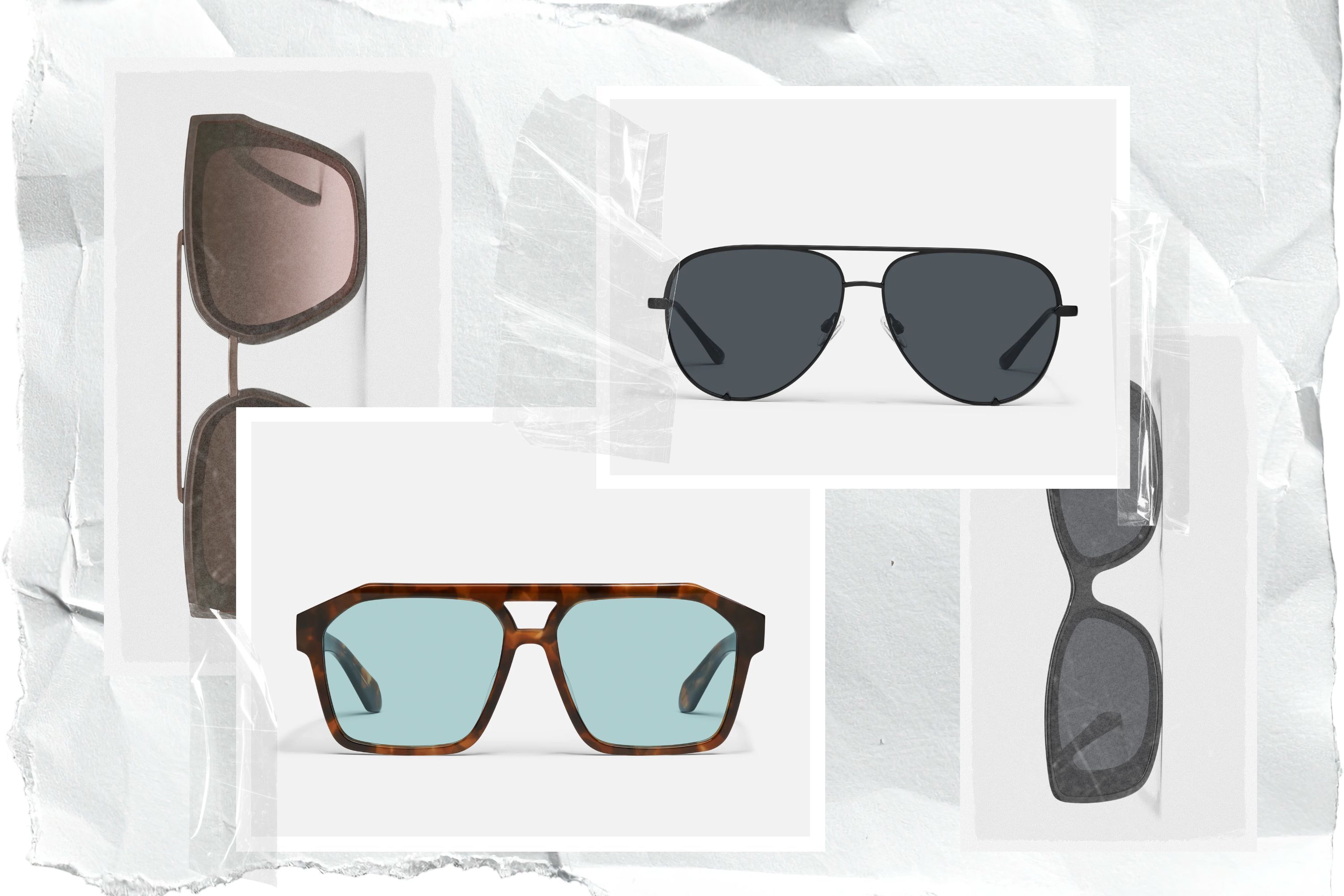 collage of quay sunglasses on light background