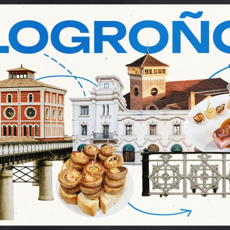 A collage of buildings, plates of food and architectural details with the word "LOGROÑO" in blue