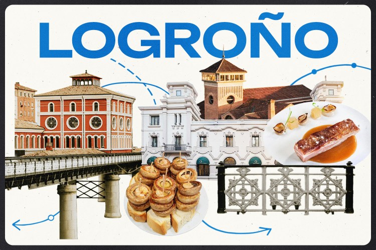A collage of buildings, plates of food and architectural details with the word "LOGROÑO" in blue