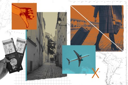 A collage of travel imagery — a thumbs-down illustration, a cobblestone European alley, a traveler pulling a suitcase, a plane in flight and a hand holding a passport with boarding passes — set against a map background in orange, teal and black-and-white tones.