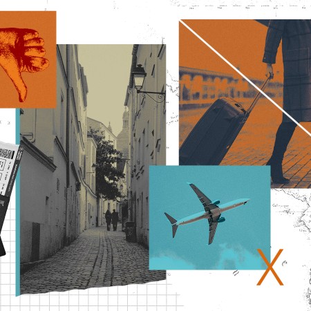 A collage of travel imagery — a thumbs-down illustration, a cobblestone European alley, a traveler pulling a suitcase, a plane in flight and a hand holding a passport with boarding passes — set against a map background in orange, teal and black-and-white tones.