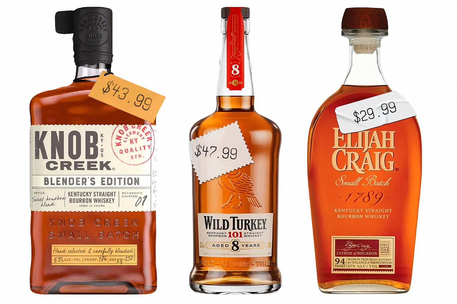 bottles of knob creek, wild turkey 101 8 year and elijah craig small batch lined up on a white background