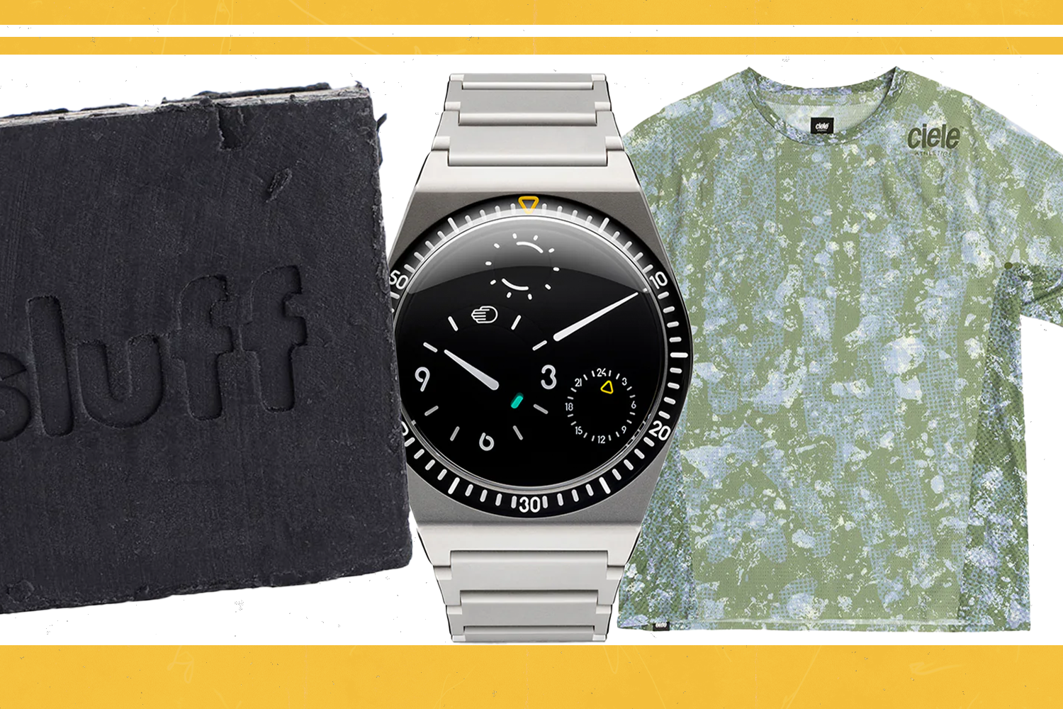 Product cut-outs, a green t-shirt, a grey watch and a black bar of soap.