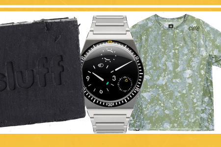 Product cut-outs, a green t-shirt, a grey watch and a black bar of soap.