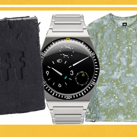 Product cut-outs, a green t-shirt, a grey watch and a black bar of soap.