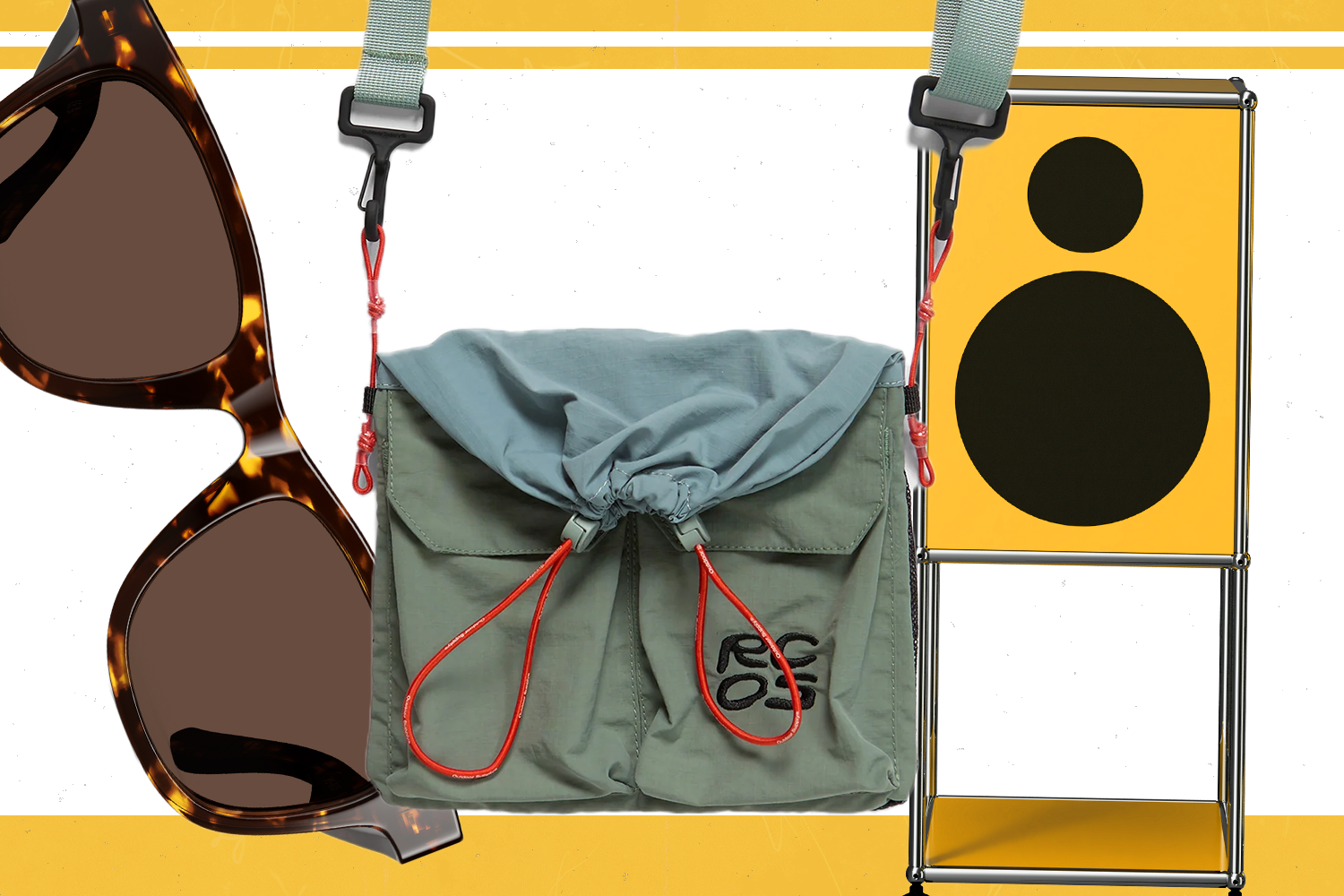 Product cut-outs of sunglasses, a bag, and speakers.