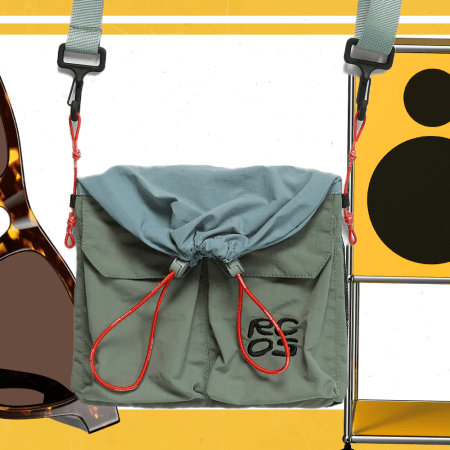 Product cut-outs of sunglasses, a bag, and speakers.