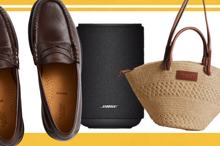 brown loafers, a bose speaker and straw bag all on a white background with a yellow border