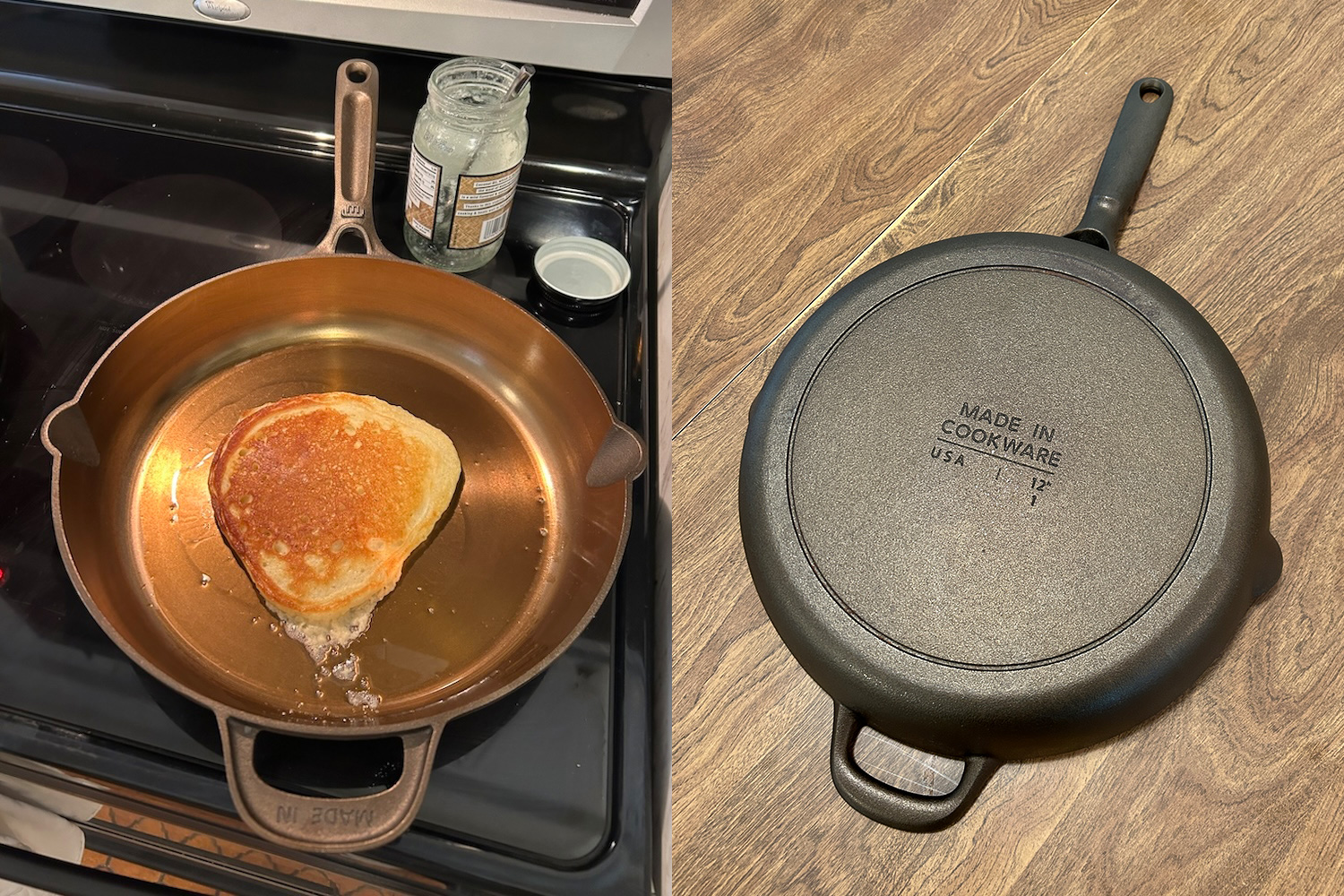 Left: A cast iron skillet sits on a stove with a pancake in the pan. Right: A cast iron skillet sits on a table flipped over so you can see the bottom.