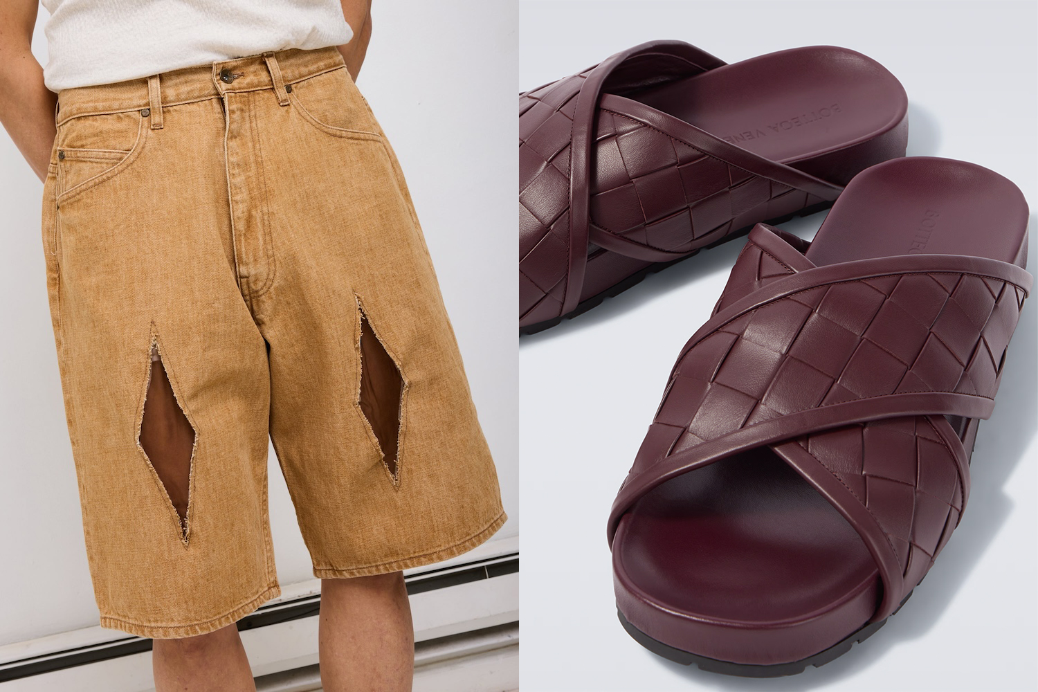 A model in tan diamond-cutout shorts and a pair of burgundy sandals