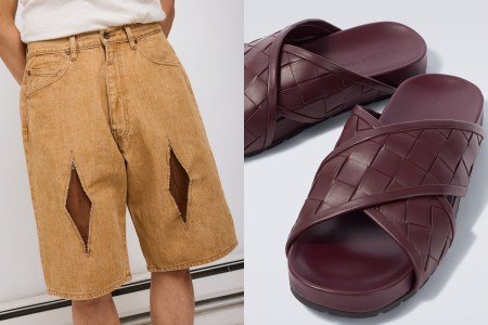 A model in tan diamond-cutout shorts and a pair of burgundy sandals