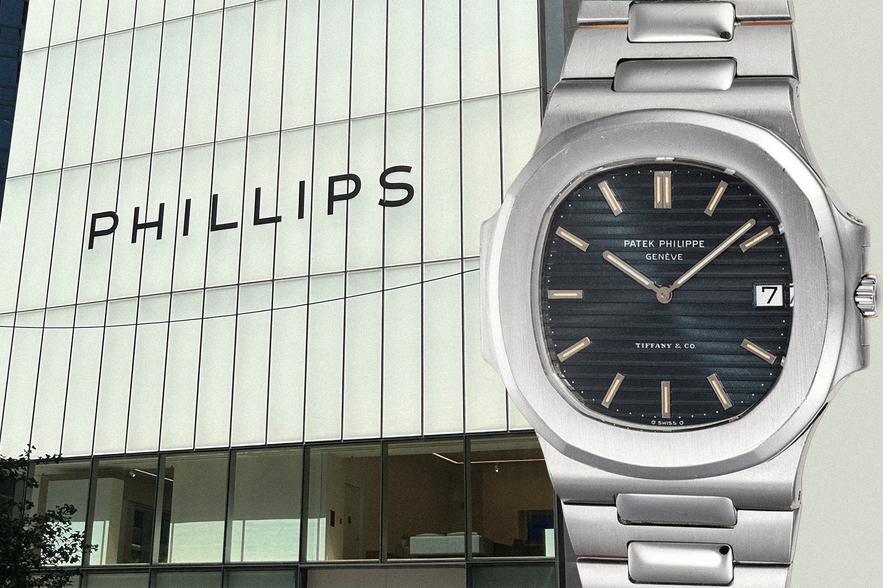 A photo of the Phillips auction house and a watch