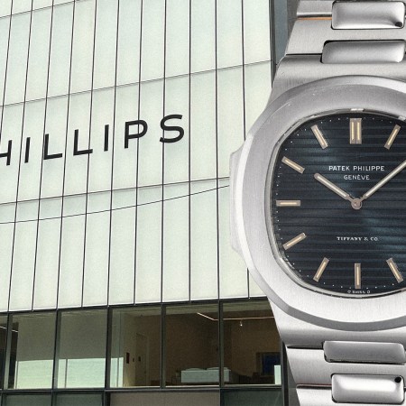 A photo of the Phillips auction house and a watch