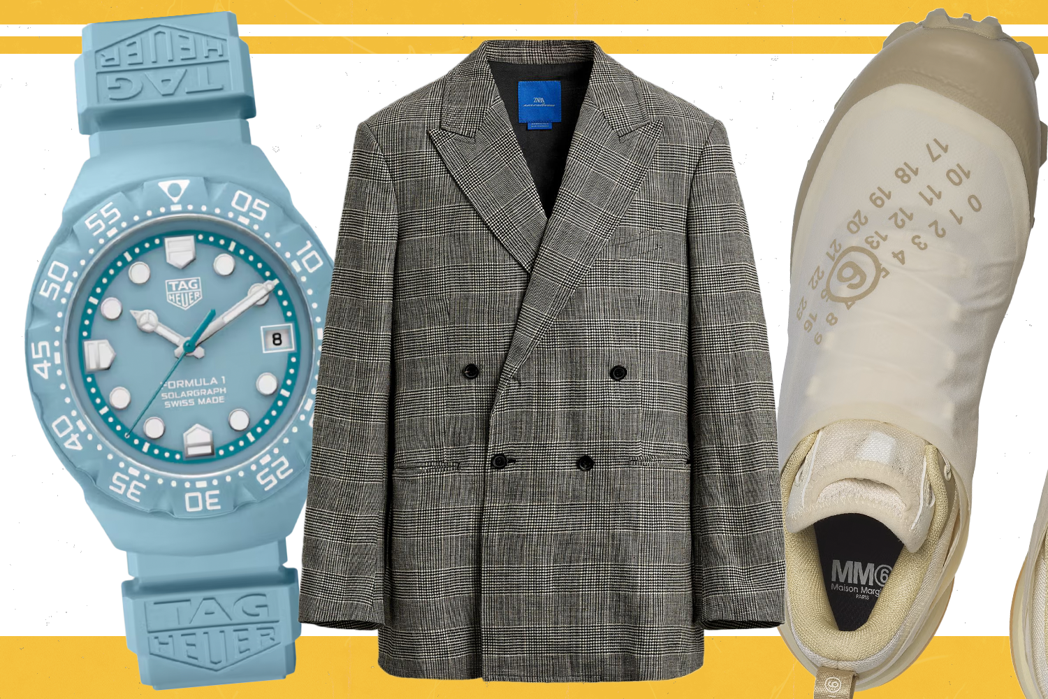 products cutouts of a blue watch, double-breasted blazer and sneaker side by side