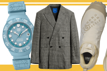 products cutouts of a blue watch, double-breasted blazer and sneaker side by side