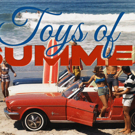 blue script reads "toys of" and red block text reads "summer" on a vintage photo of a group of surfers on a beach with a red Ford Mustang car.