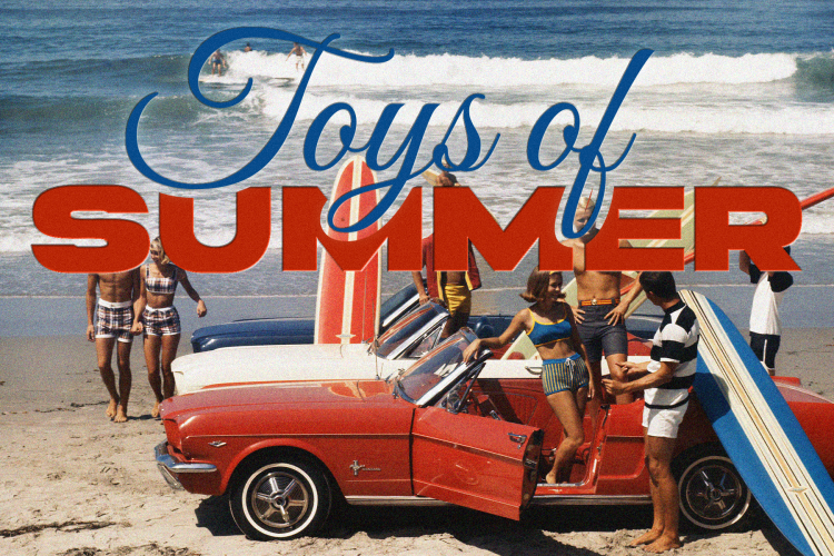 blue script reads "toys of" and red block text reads "summer" on a vintage photo of a group of surfers on a beach with a red Ford Mustang car.