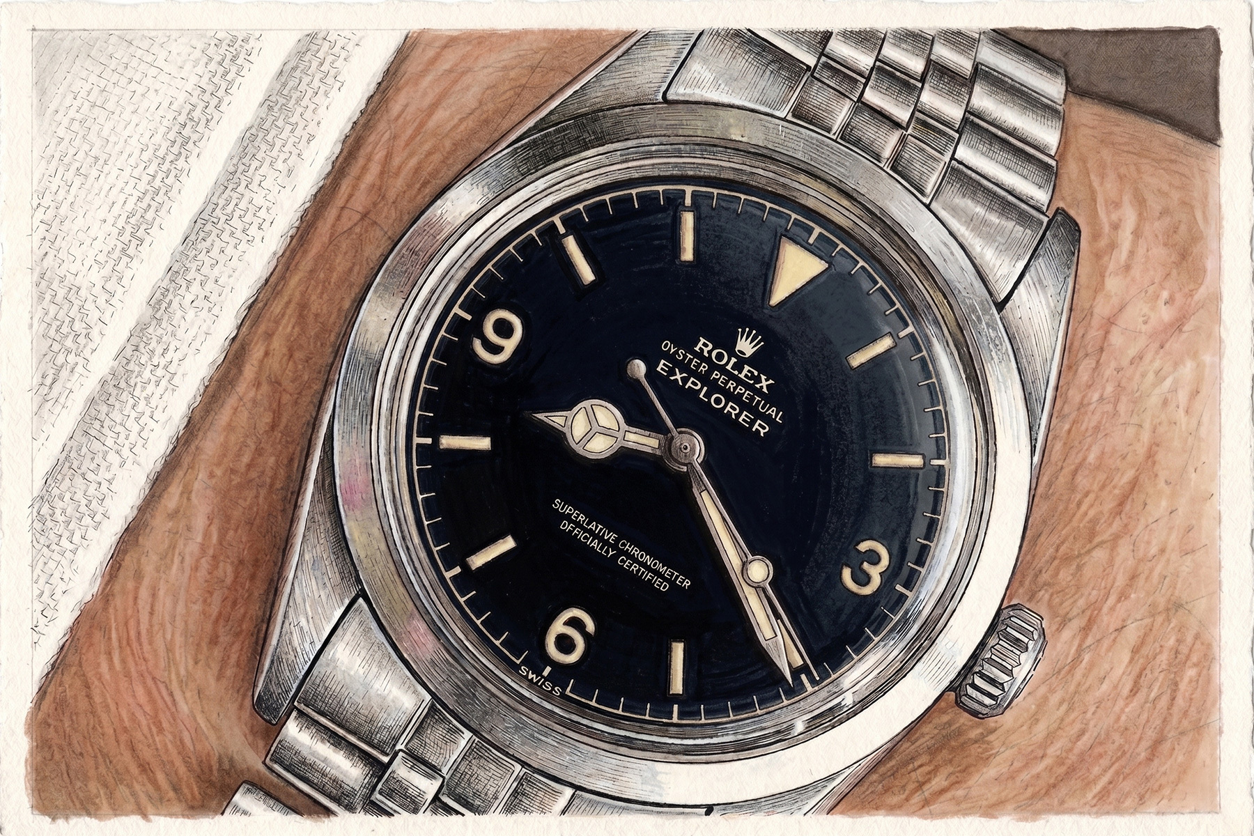 a man wearing a gilt dial watch