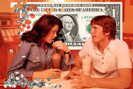 A man and woman on a date with a dollar sign behind them.