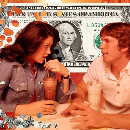 A man and woman on a date with a dollar sign behind them.