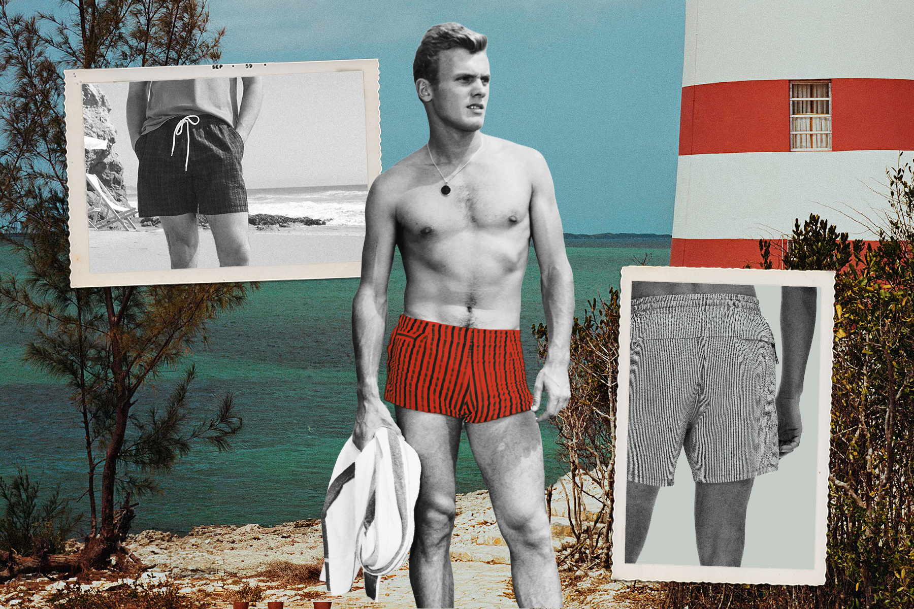 a vintage black and white photo of a man in red swim trunks on the beach