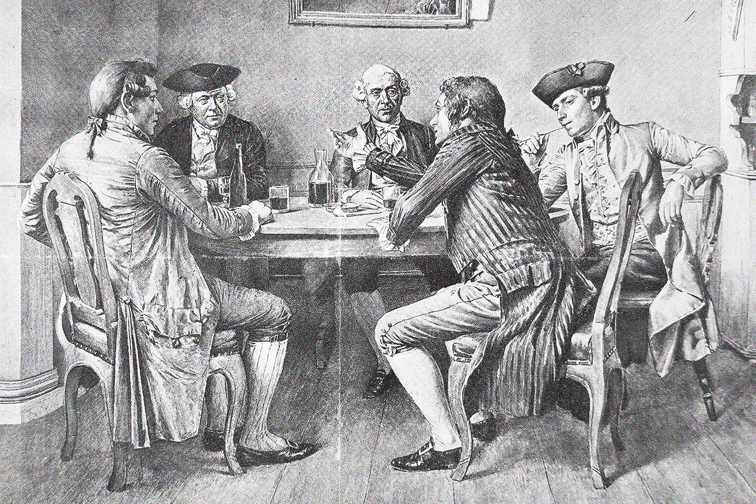 a black and white illustration of 18th-century men around a table drinking