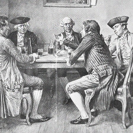 a black and white illustration of 18th-century men around a table drinking