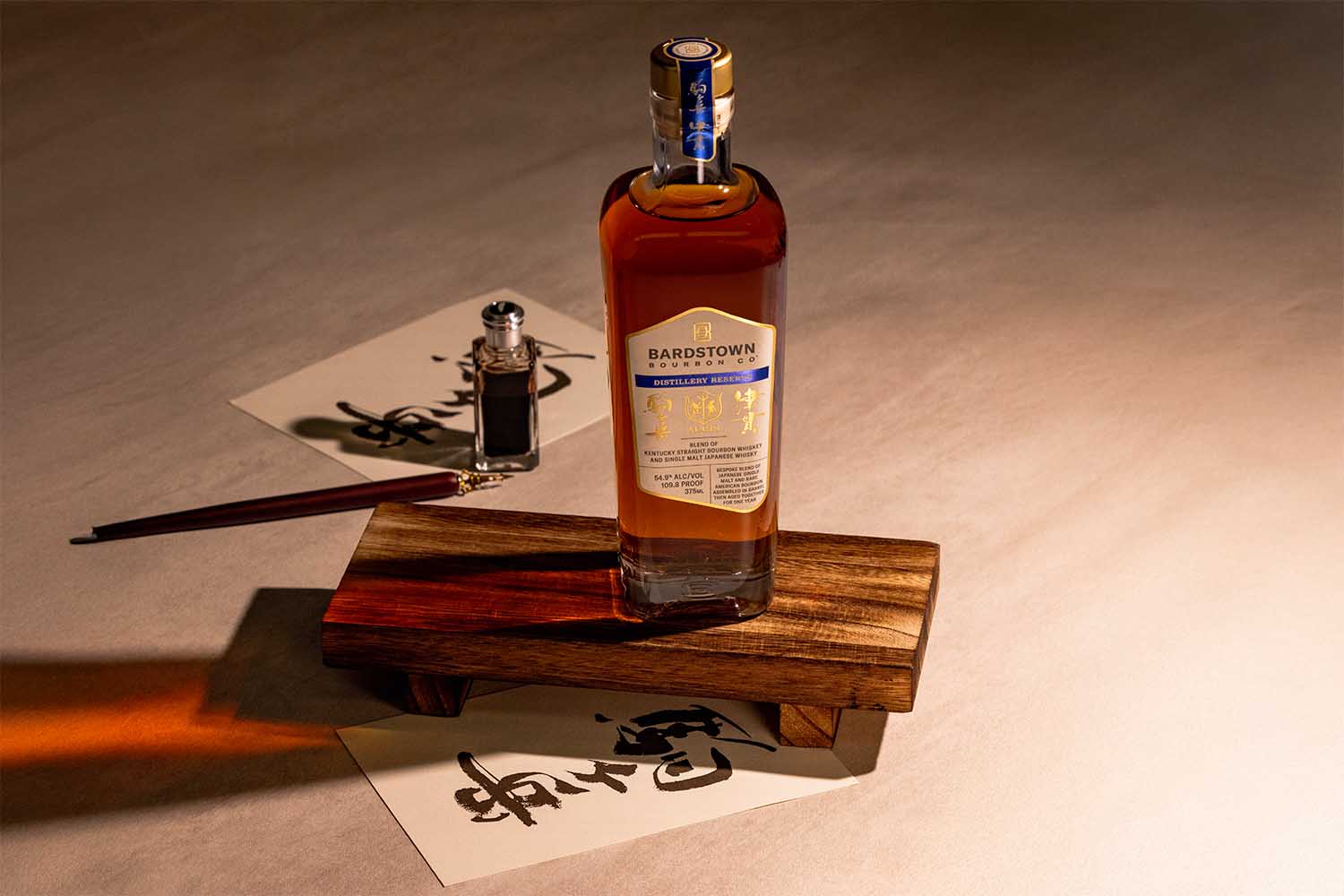 A bottle of Bardstown Bourbon Company Distillery Reserve Mars Single Malt Japanese Blend on a wooden plank with Japanese writing