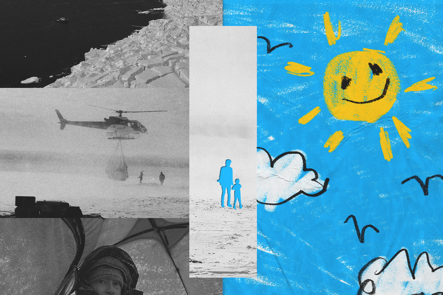 A collage of images of climate scientist Dr. Peter Neff studying Thwaites Glacier in Antarctica next to a cutout of a dad and his daughter and a kid's drawing of a sun in a blue sky