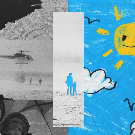 A collage of images of climate scientist Dr. Peter Neff studying Thwaites Glacier in Antarctica next to a cutout of a dad and his daughter and a kid's drawing of a sun in a blue sky
