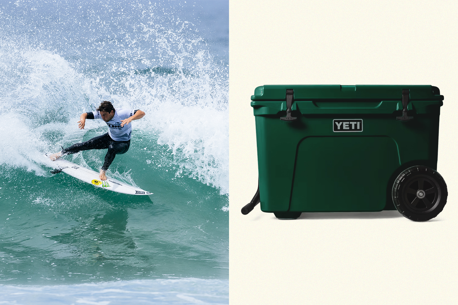 Left: Conner Coffin, a professional surfer, turning sharply on a wave in the ocean. Right: a green wheeled cooler from the brand Yeti.