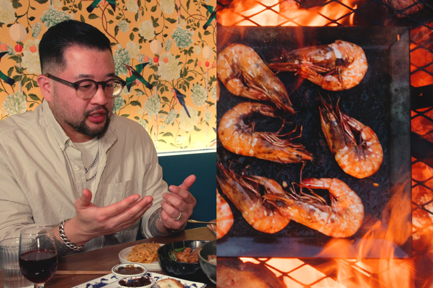 Left: Andrew Chen, founder of 3sixteen. Right: a carbon steel griddle with shrimp on it over a hot fire.