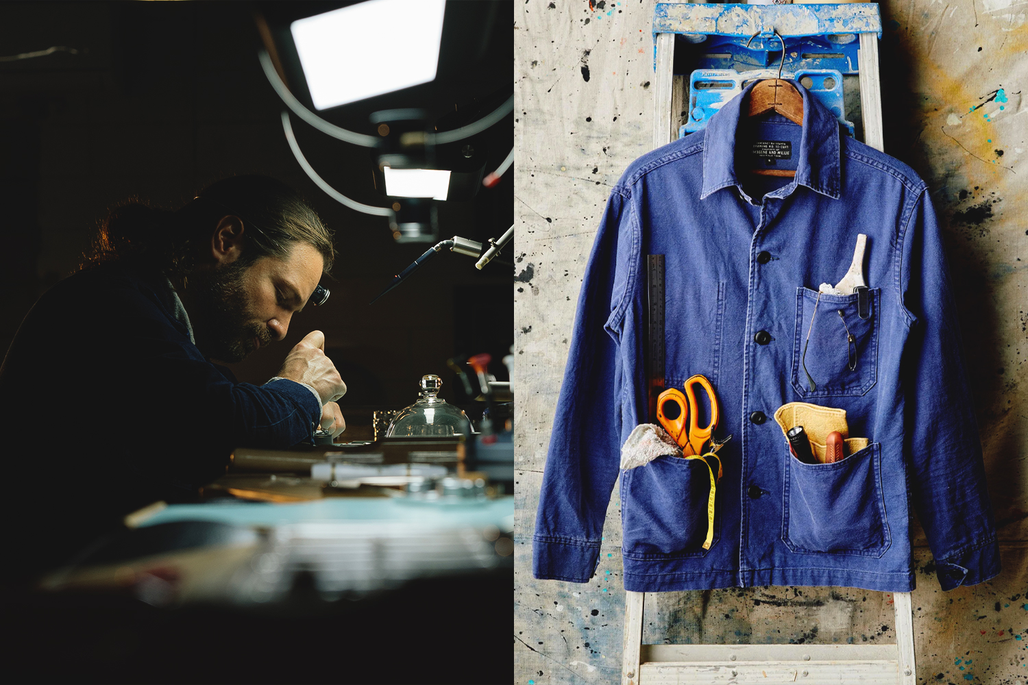 Left: Cameron Weiss, founder of Weiss Watch Company, working on a watch. Right: a blue jacket from the brand Imogene + Willie.