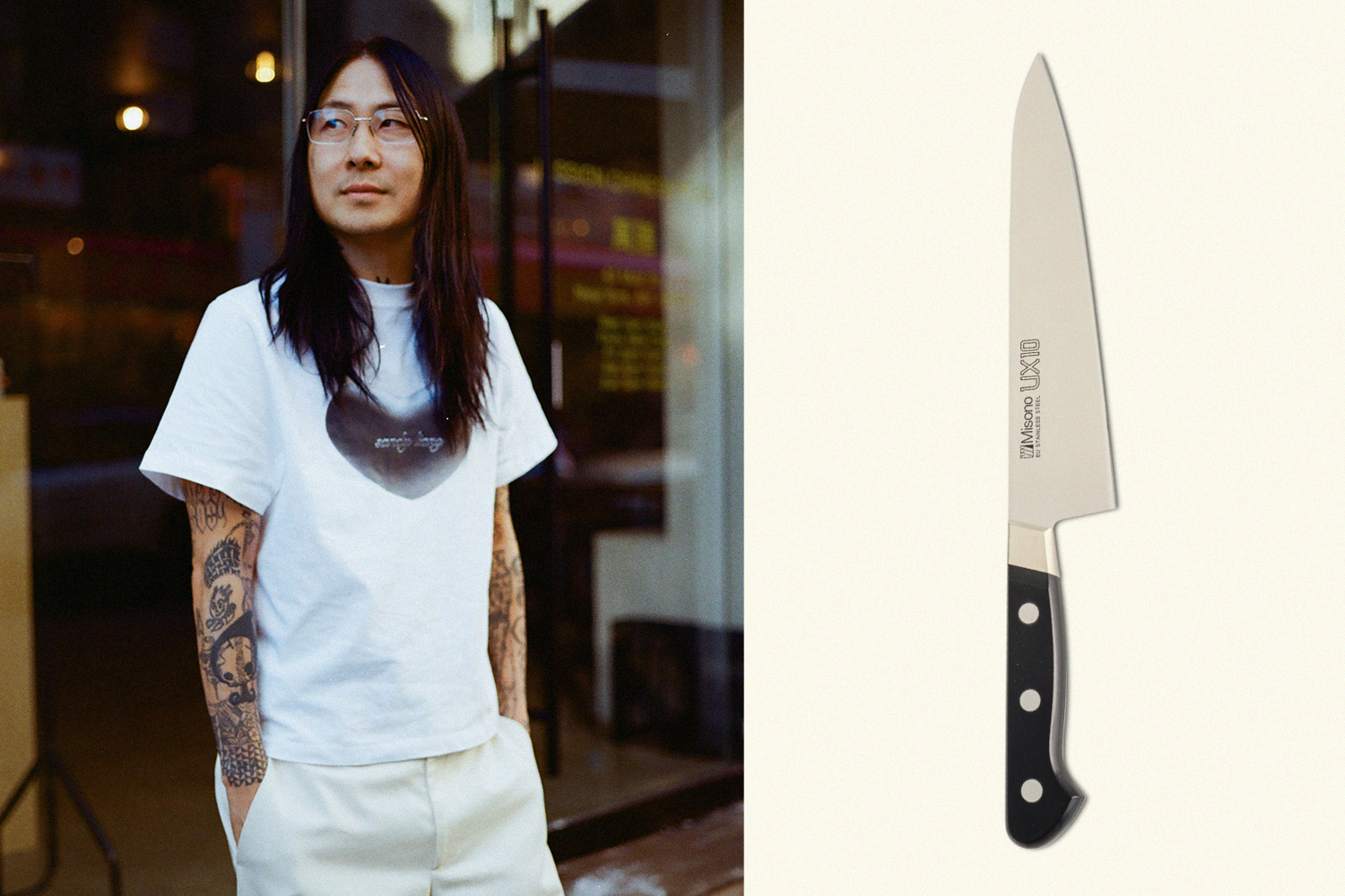 Danny Bowien, founder of Mission Chinese, on the left, a chef's knife on the right